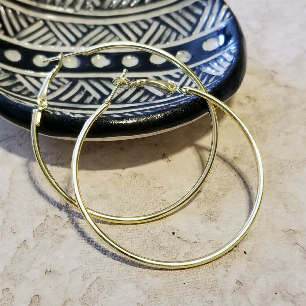 Sleek Gold Tone Large Hoop Earrings 50mm 2" Leverback Dangle Minimalist Classic